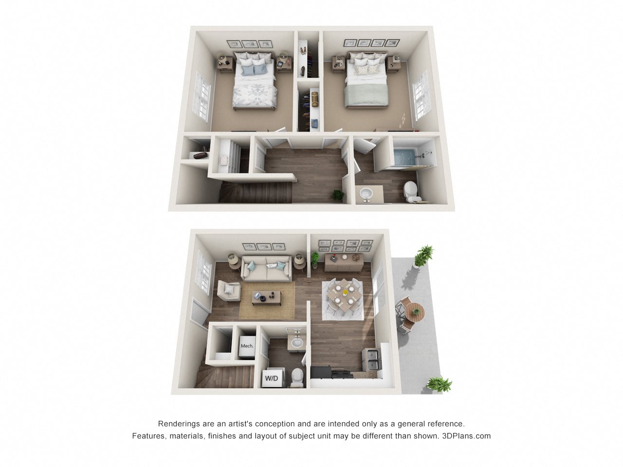2 Bed, 1.5 Bath Townhome, 1100 sq. ft.